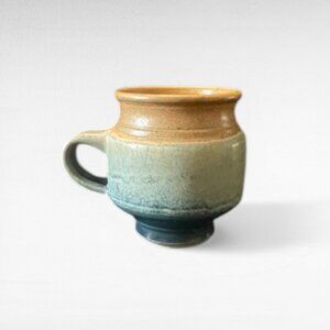 Vintage Stoneware Mug Artisan Signed by the Maker; Blue Gray & Beige, 10 oz